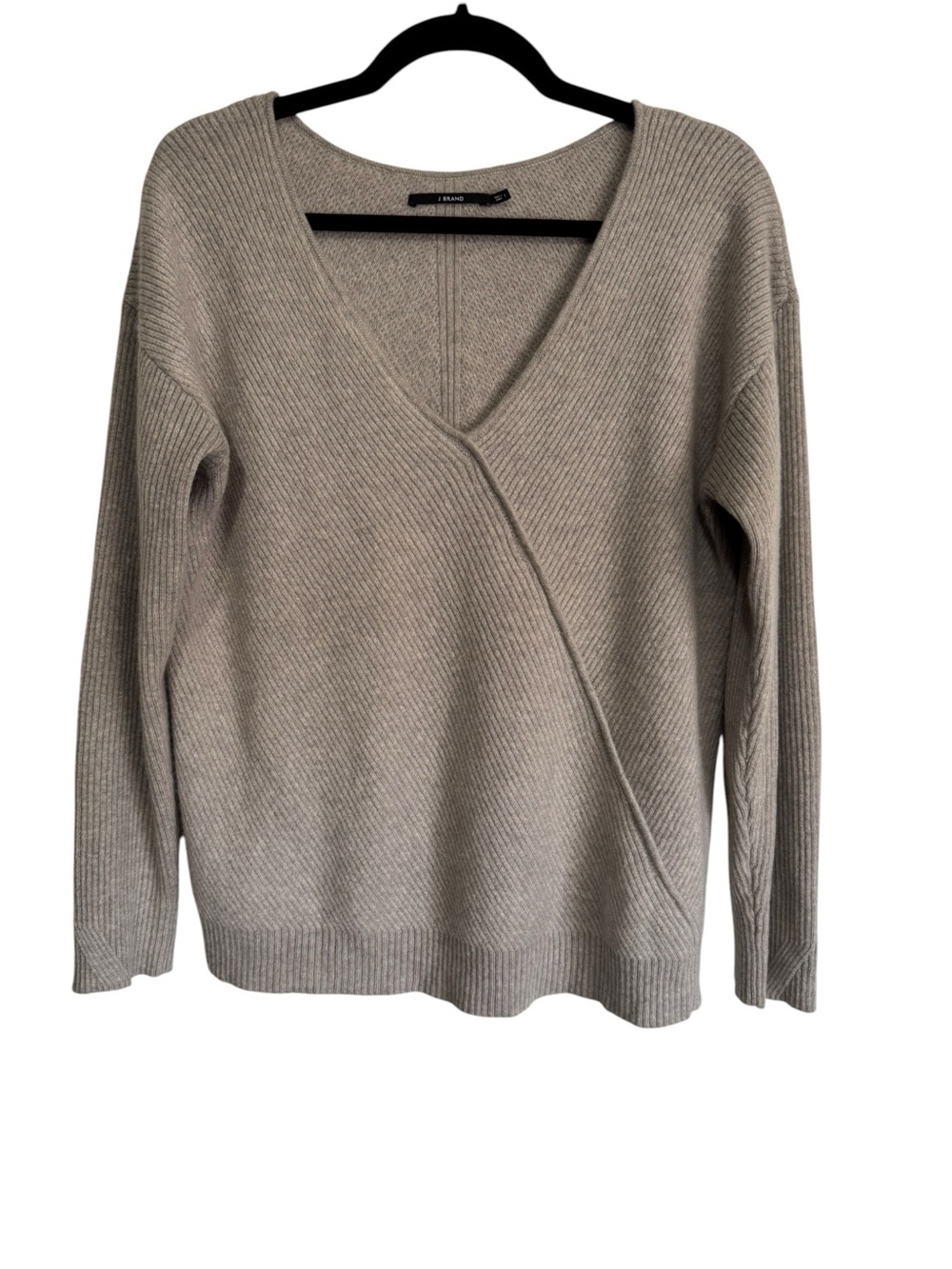 J Brand ribbed wrap-front surplice V-neck sweater taupe/oatmeal 100% cashmere S